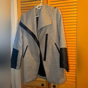 Large Heather Grey Peacoat with Faux Motor Trim